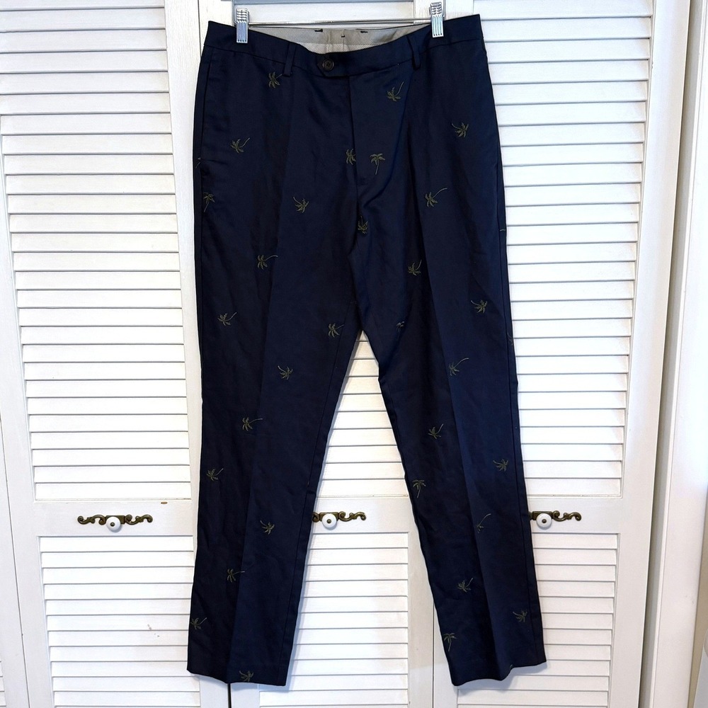 Bonobos Chino Pants Embroidered Palm Tree 34/34 Navy Blue Men Summer Linen Blend